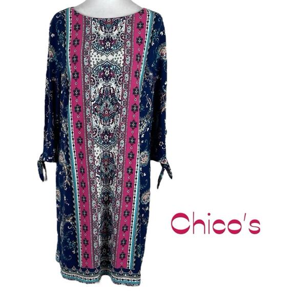 Chico’s Blue Pink Floral Print Party Date Night Dress NWOT Size 12P - Picture 2 of 16